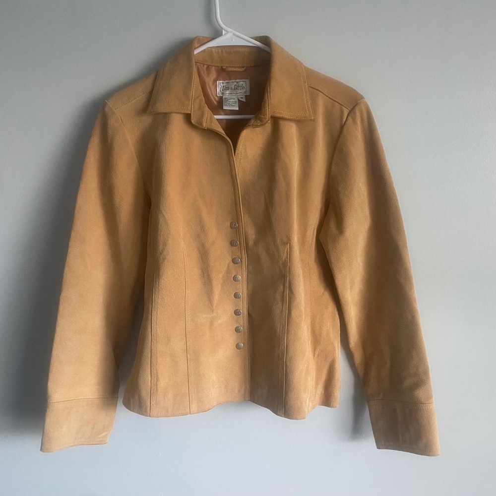Vintage Live A Little Genuine Leather Suede Camel Brown Snap Button Jacket Med